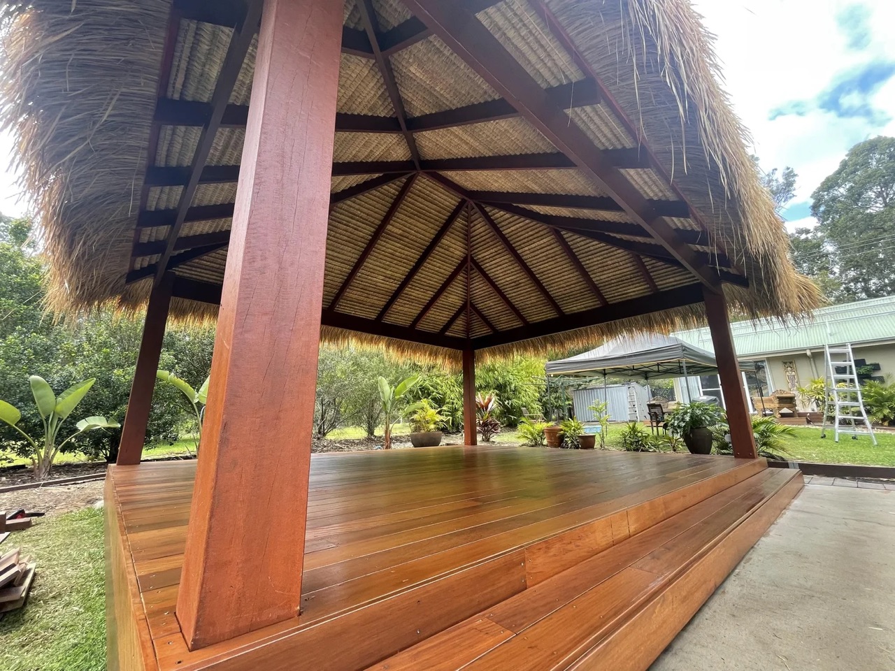 Hardwood deck and timber pergola structure
